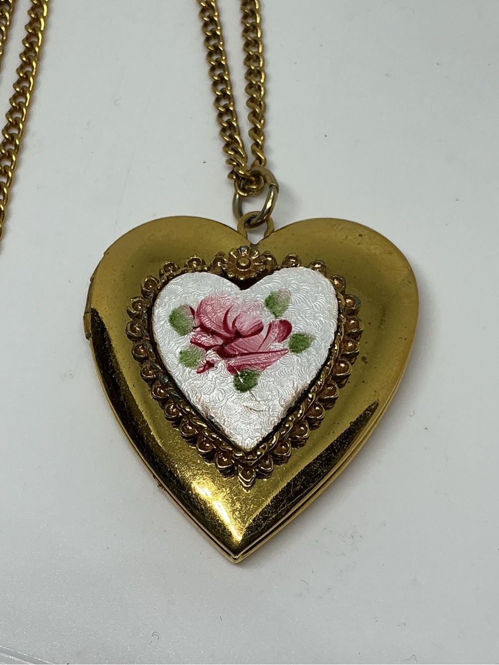 Vintage Guilloché Enamel Rose Heart Locket Necklace, Gold-Tone